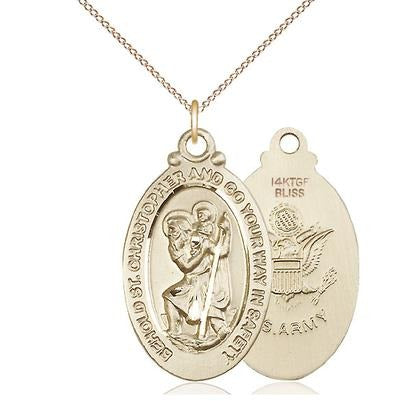St. Christopher Army Medal Necklace - 14K Gold Filled - 1-1/8 Inch Tall x 3/4 Inch Wide with 18" Chain
