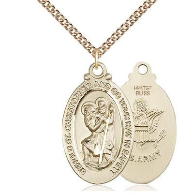 St. Christopher Army Medal Necklace - 14K Gold Filled - 1-1/8 Inch Tall x 3/4 Inch Wide with 24" Chain