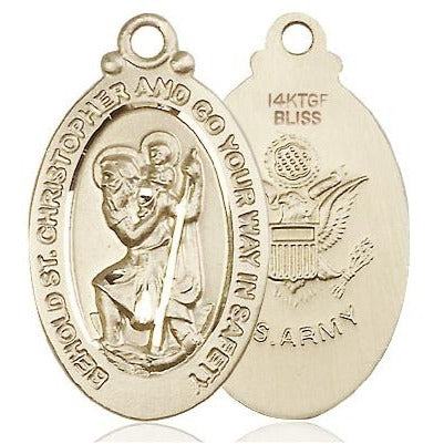 St. Christopher Army Medal Necklace - 14K Gold Filled - 1-1/8 Inch Tall x 3/4 Inch Wide with 24" Chain