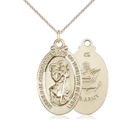 St. Christopher Army Medal Necklace - 14K Gold - 1-1/8 Inch Tall x 3/4 Inch Wide with 18" Chain
