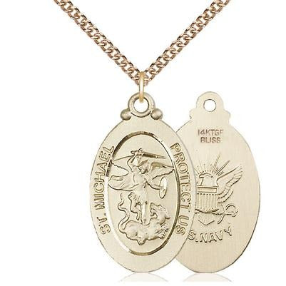 St. Michael Navy Medal Necklace - 14K Gold Filled - 1-1/8 Inch Tall x 5/8 Inch Wide with 24" Chain