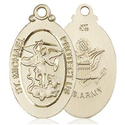 St. Michael Army Medal Necklace - 14K Gold - 1-1/8 Inch Tall x 5/8 Inch Wide with 24" Chain