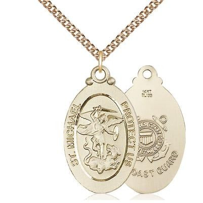 St. Michael Coast Guard Medal Necklace - 14K Gold - 1-1/8 Inch Tall x 5/8 Inch Wide with 24" Chain