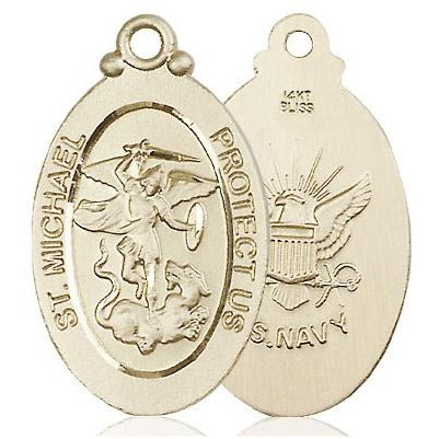 St. Michael Navy Medal Necklace - 14K Gold - 1-1/8 Inch Tall x 5/8 Inch Wide with 24" Chain