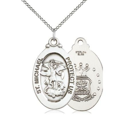 St. Michael Air Force Medal Necklace - Sterling Silver - 1-1/8 Inch Tall x 5/8 Inch Wide with 18" Chain
