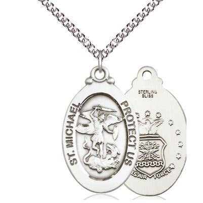 St. Michael Air Force Medal Necklace - Sterling Silver - 1-1/8 Inch Tall x 5/8 Inch Wide with 24" Chain