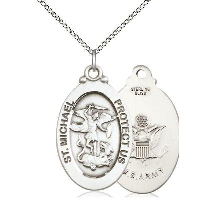 St. Michael Army Medal Necklace - Sterling Silver - 1-1/8 Inch Tall x 5/8 Inch Wide with 18" Chain