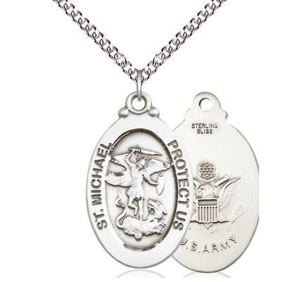 St. Michael Army Medal Necklace - Sterling Silver - 1-1/8 Inch Tall x 5/8 Inch Wide with 24" Chain