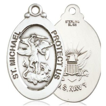 St. Michael Navy Medal Necklace - Sterling Silver - 1-1/8 Inch Tall x 5/8 Inch Wide with 24" Chain
