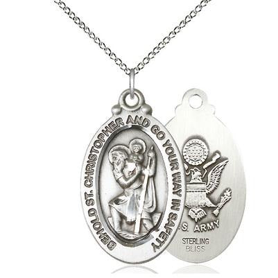 St. Christopher Army Medal Necklace - Sterling Silver - 1-1/8 Inch Tall x 3/4 Inch Wide with 18" Chain