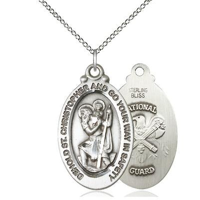 St. Christopher National Guard Medal Necklace - Sterling Silver - 1-1/8 Inch Tall x 3/4 Inch Wide with 18" Chain