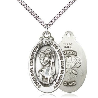 St. Christopher National Guard Medal Necklace - Sterling Silver - 1-1/8 Inch Tall x 3/4 Inch Wide with 24" Chain