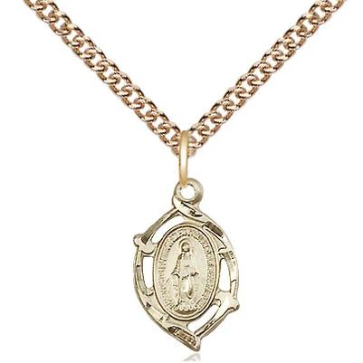 Miraculous Medal Necklace - 14K Gold - 5/8 Inch Tall by 3/8 Inch Wide with 24" Chain