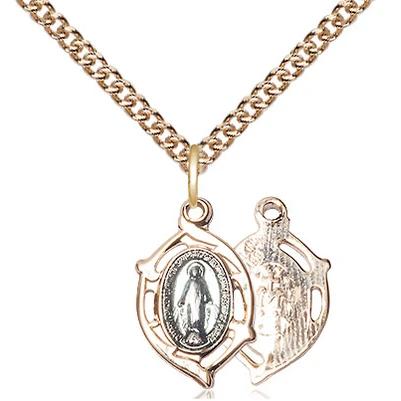 Miraculous Medal Necklace - 14K Gold - 5/8 Inch Tall by 3/8 Inch Wide with 24" Chain
