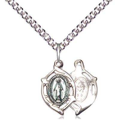 Miraculous Medal Necklace - Sterling Silver - 5/8 Inch Tall by 3/8 Inch Wide with 24" Chain