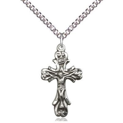 Crucifix Medal Necklace - Sterling Silver - 1 Inch Tall x 1/2 Inch Wide with 24" Chain