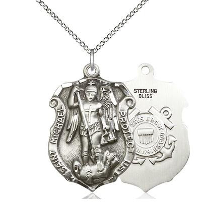 St. Michael Coast Guard Medal Necklace - Sterling Silver - 1-1/4 Inch Tall x 3/4 Inch Wide with 18" Chain