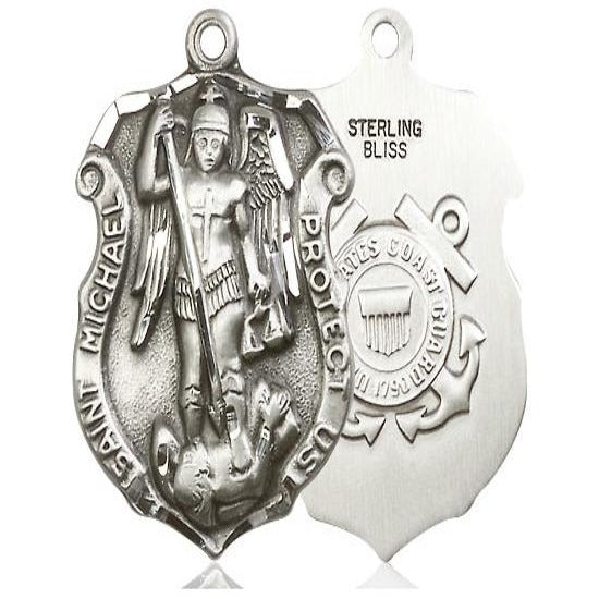 St. Michael Coast Guard Medal Necklace - Sterling Silver - 1-1/4 Inch Tall x 3/4 Inch Wide with 24" Chain
