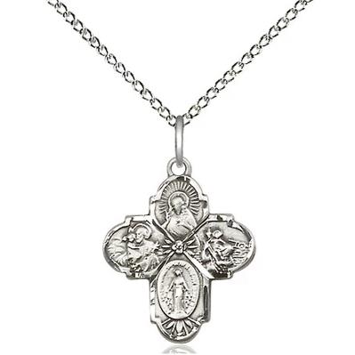 4 Way Medal Necklace - Sterling Silver - 3/4 Inch Tall by 5/8-Inch Wide with 18" Chain