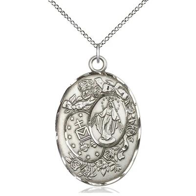 Miraculous Medal Necklace - Sterling Silver - 1-3/8 Inch Tall by 7/8 Inch Wide with 18" Chain