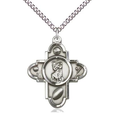 5 Way Medal Necklace - Sterling Silver - 1-1/4 Inch Tall by 1 Inch Wide with 24" Chain