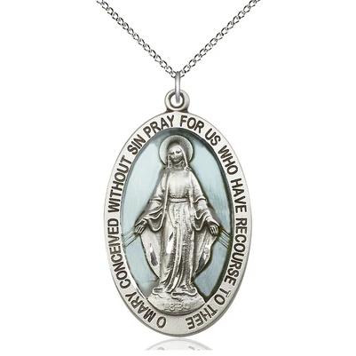 Miraculous Medal Necklace - Sterling Silver - 1-5/8 Inch Tall by 1 Inch Wide with 18" Chain
