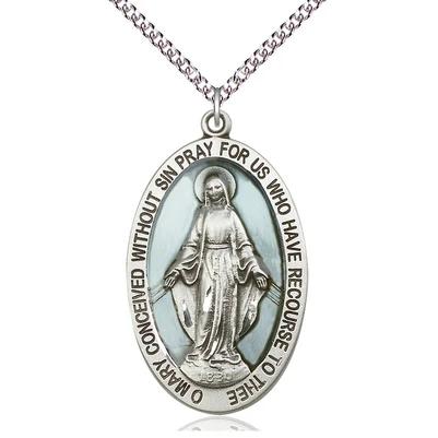 Miraculous Medal Necklace - Sterling Silver - 1-5/8 Inch Tall by 1 Inch Wide with 24" Chain