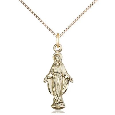 Miraculous Medal Necklace - 14K Gold - 7/8 Inch Tall by 3/8 Inch Wide with 18" Chain