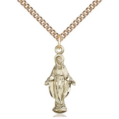 Miraculous Medal Necklace - 14K Gold - 7/8 Inch Tall by 3/8 Inch Wide with 24" Chain