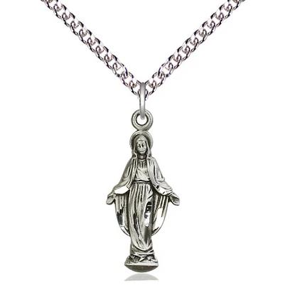 Miraculous Medal Necklace - Sterling Silver - 7/8 Inch Tall by 3/8 Inch Wide with 24" Chain