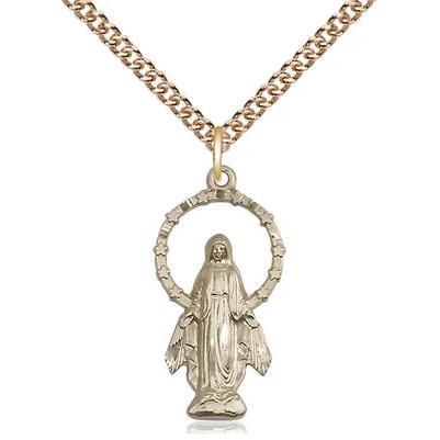 Miraculous Medal Necklace - 14K Gold - 7/8 Inch Tall by 1/2 Inch Wide with 24" Chain