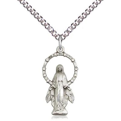Miraculous Medal Necklace - Sterling Silver - 7/8 Inch Tall by 1/2 Inch Wide with 24" Chain