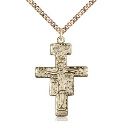 San Damiano Crucifix Medal Necklace - 14K Gold Filled - 1-1/4 Inch Tall x 7/8 Inch Wide with 24" Chain