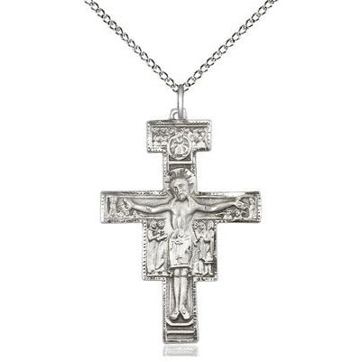 San Damiano Crucifix Medal Necklace - Sterling Silver - 1-1/4 Inch Tall x 7/8 Inch Wide with 18" Chain