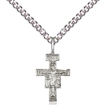 San Damiano Crucifix Medal Necklace - Sterling Silver - 5/8 Inch Tall x 3/8 Inch Wide with 24" Chain