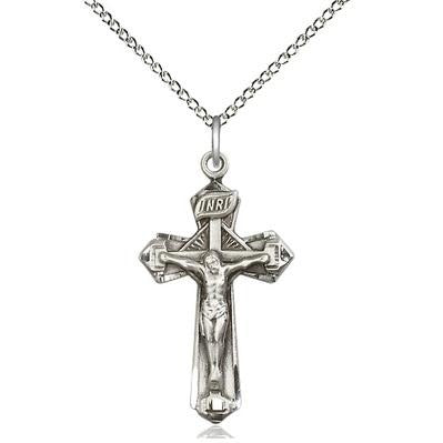 Crucifix Medal Necklace - Sterling Silver - 1-1/8 Inch Tall x 5/8 Inch Wide with 18" Chain