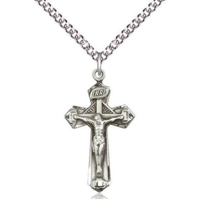 Crucifix Medal Necklace - Sterling Silver - 1-1/8 Inch Tall x 5/8 Inch Wide with 24" Chain