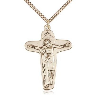 Sorrowful Mother Crucifix Medal Necklace - 14K Gold - 1-5/8 Inch Tall x 1-1/8 Inch Wide with 24" Chain