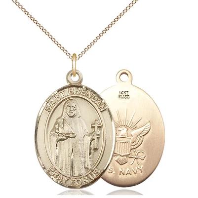 St. Brendan Navy Medal Necklace - 14K Gold - 1 Inch Tall x 3/4 Inch Wide with 18" Chain