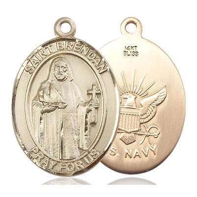 St. Brendan Navy Medal Necklace - 14K Gold - 1 Inch Tall x 3/4 Inch Wide with 24" Chain