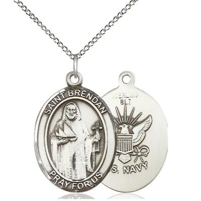 St. Brendan Navy Medal Necklace - Sterling Silver - 1 Inch Tall x 3/4 Inch Wide with 18" Chain