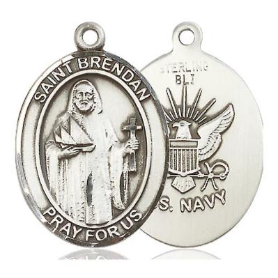 St. Brendan Navy Medal Necklace - Sterling Silver - 1 Inch Tall x 3/4 Inch Wide with 24" Chain