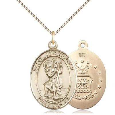 St. Christopher Air Force Medal Necklace - 14K Gold Filled - 1 Inch Tall x 3/4 Inch Wide with 18" Chain