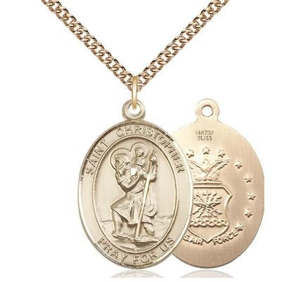 St. Christopher Air Force Medal Necklace - 14K Gold Filled - 1 Inch Tall x 3/4 Inch Wide with 24" Chain