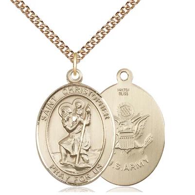 St. Christopher Army Medal Necklace - 14K Gold Filled - 1 Inch Tall x 3/4 Inch Wide with 24" Chain