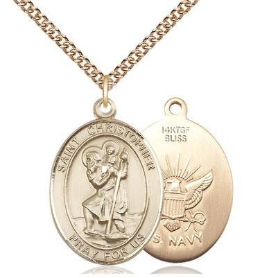 St. Christopher Navy Medal Necklace - 14K Gold Filled - 1 Inch Tall x 3/4 Inch Wide with 24" Chain