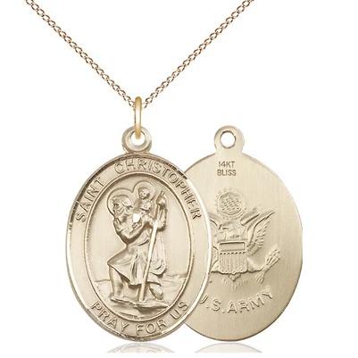 St. Christopher Army Medal Necklace - 14K Gold - 1 Inch Tall x 3/4 Inch Wide with 18" Chain