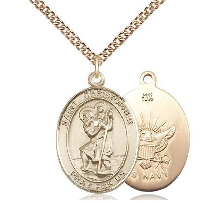 St Christopher Navy Medal Necklace - 14K Gold - 1 Inch Tall x 3/4 Inch Wide with 24" Chain