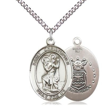 St. Christopher Air Force Medal Necklace - Sterling Silver - 1 Inch Tall x 3/4 Inch Wide with 24" Chain