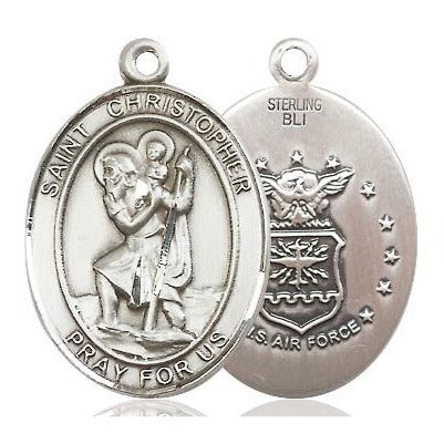 St. Christopher Air Force Medal Necklace - Sterling Silver - 1 Inch Tall x 3/4 Inch Wide with 24" Chain
